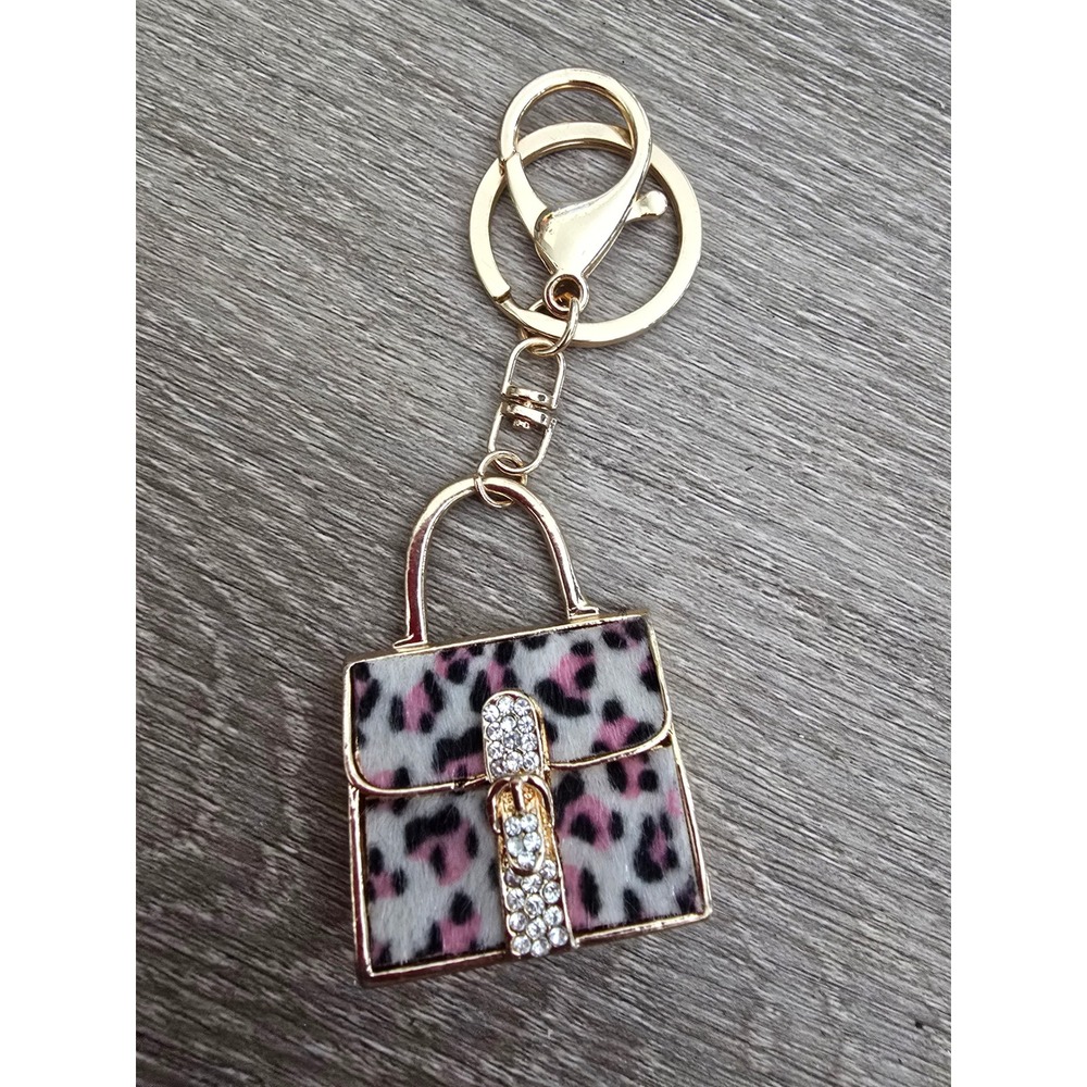 Pink Leopard Print Handbag Keychain Gold Tone Rhinestone Purse Charm Accessory